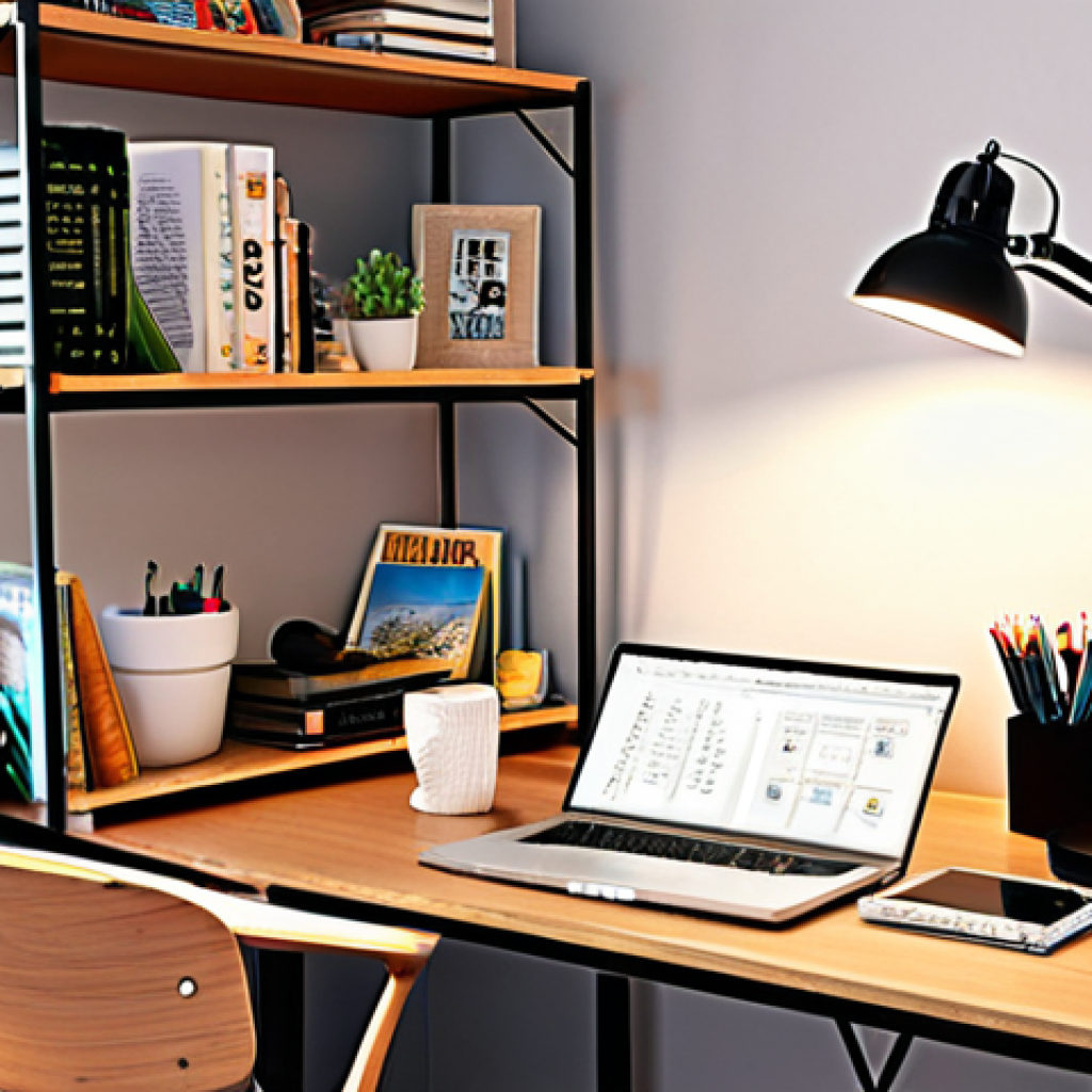 **

A cozy and organized study space with an ergonomic chair, a bright desk lamp, and a clean desk with books, notes, and a laptop. Add personal touches like plants and inspiring quotes. The overall feeling is inviting and conducive to concentration.

**