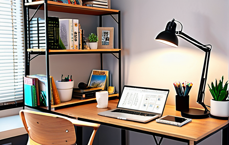 **

A cozy and organized study space with an ergonomic chair, a bright desk lamp, and a clean desk with books, notes, and a laptop. Add personal touches like plants and inspiring quotes. The overall feeling is inviting and conducive to concentration.

**