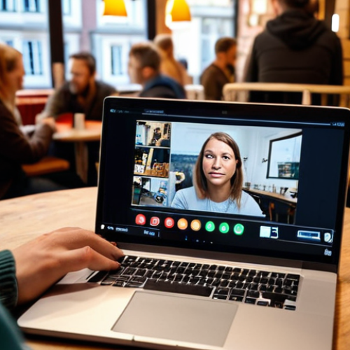 Home 6 **Image Prompt:** A person working remotely at a cafe in Stockholm, using a laptop with a VPN icon displayed on the screen. Show a blurred background of people and the cafe ambiance. The foreground should highlight the laptop and the person's focused expression. Focus on conveying the idea of digital security and accessibility while working abroad.
